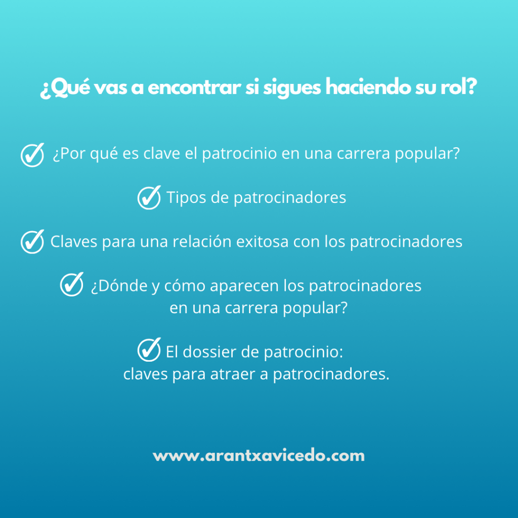 Texto en un fondo degradado azul que enumera los puntos clave sobre el patrocinio en carreras populares.